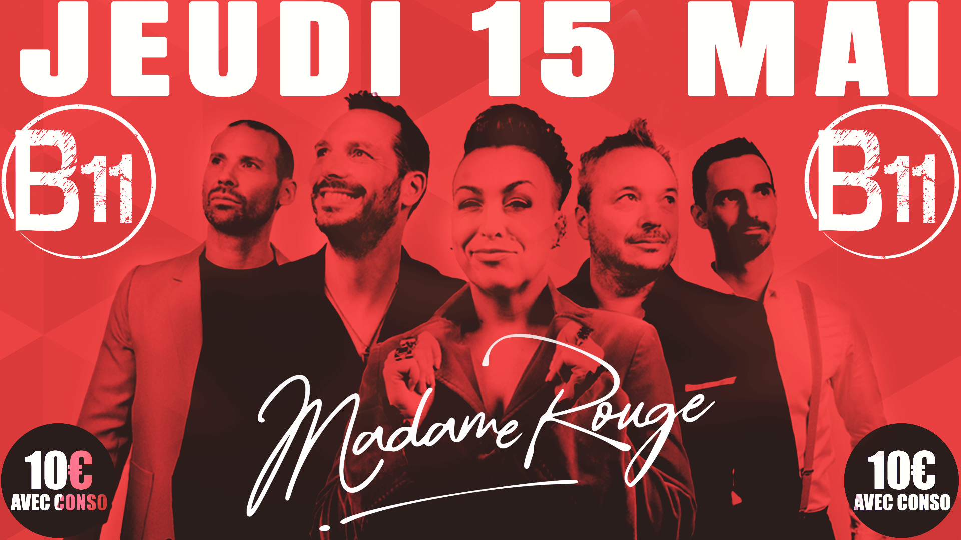 Affiche du CONCERT LIVE exceptionnel du GROUPE "MADAME ROUGE" au bar Bodega à Mérignac, près de Bordeaux, pour une soirée festive avec ambiance et animations pour de belles rencontres à partager entre amis et célibataires.