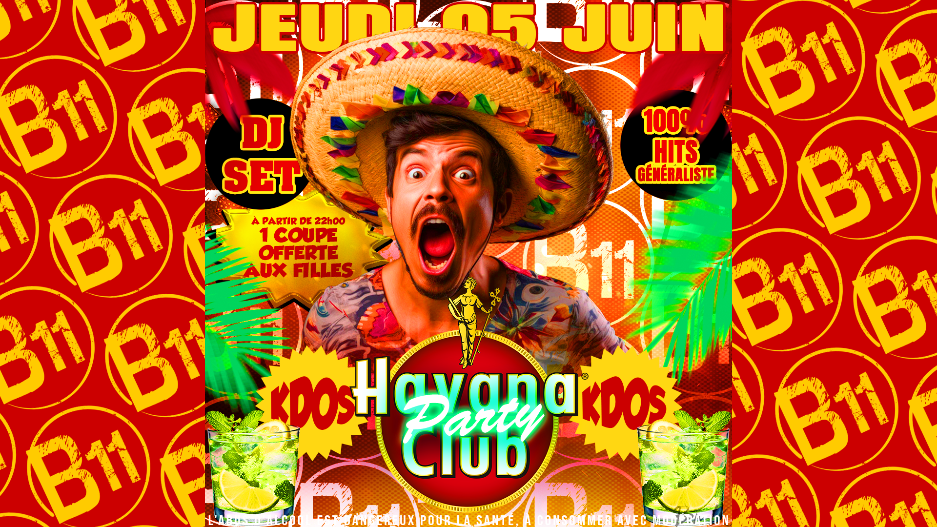 Affiche de soirée à thème au bar Bodega à Mérignac, près de Bordeaux, pour une soirée festive avec ambiance et animations pour de belles rencontres à partager.