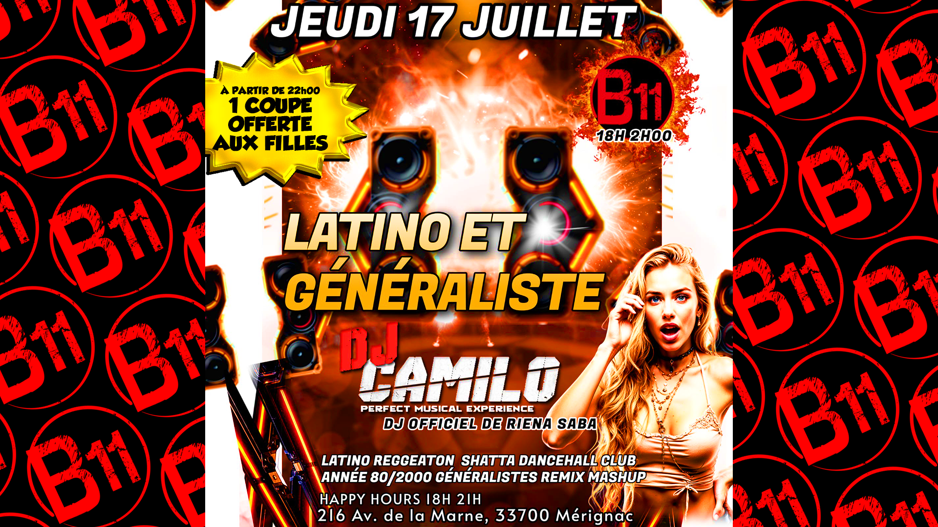 Affiche de soirée à thème au bar Bodega à Mérignac, près de Bordeaux, pour une soirée festive avec ambiance et animations pour de belles rencontres à partager.