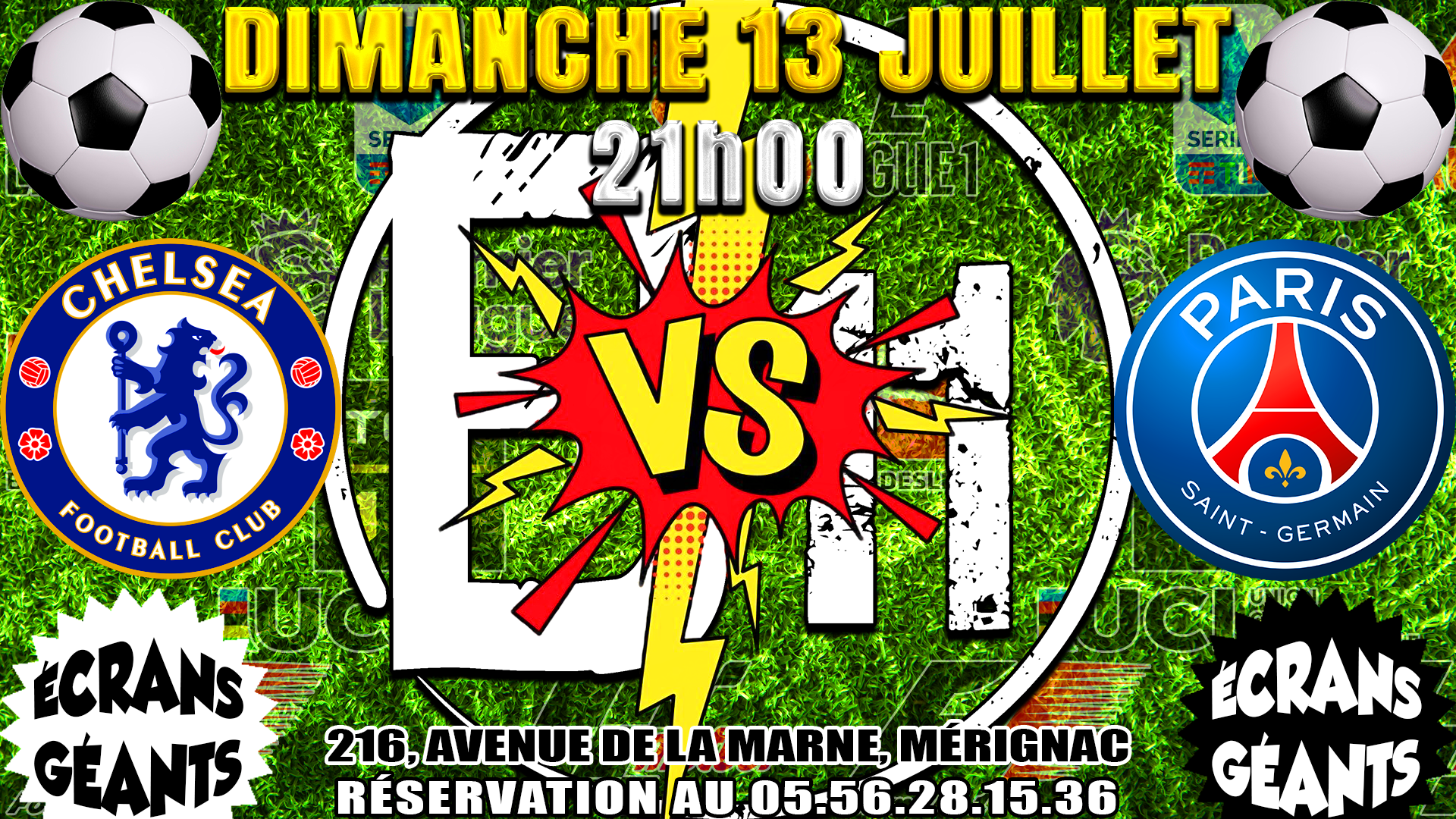 Affiche de match de football et rugby au bar Bodega à Mérignac, près de Bordeaux, pour une soirée festive avec ambiance et animations pour de belles rencontres à partager.