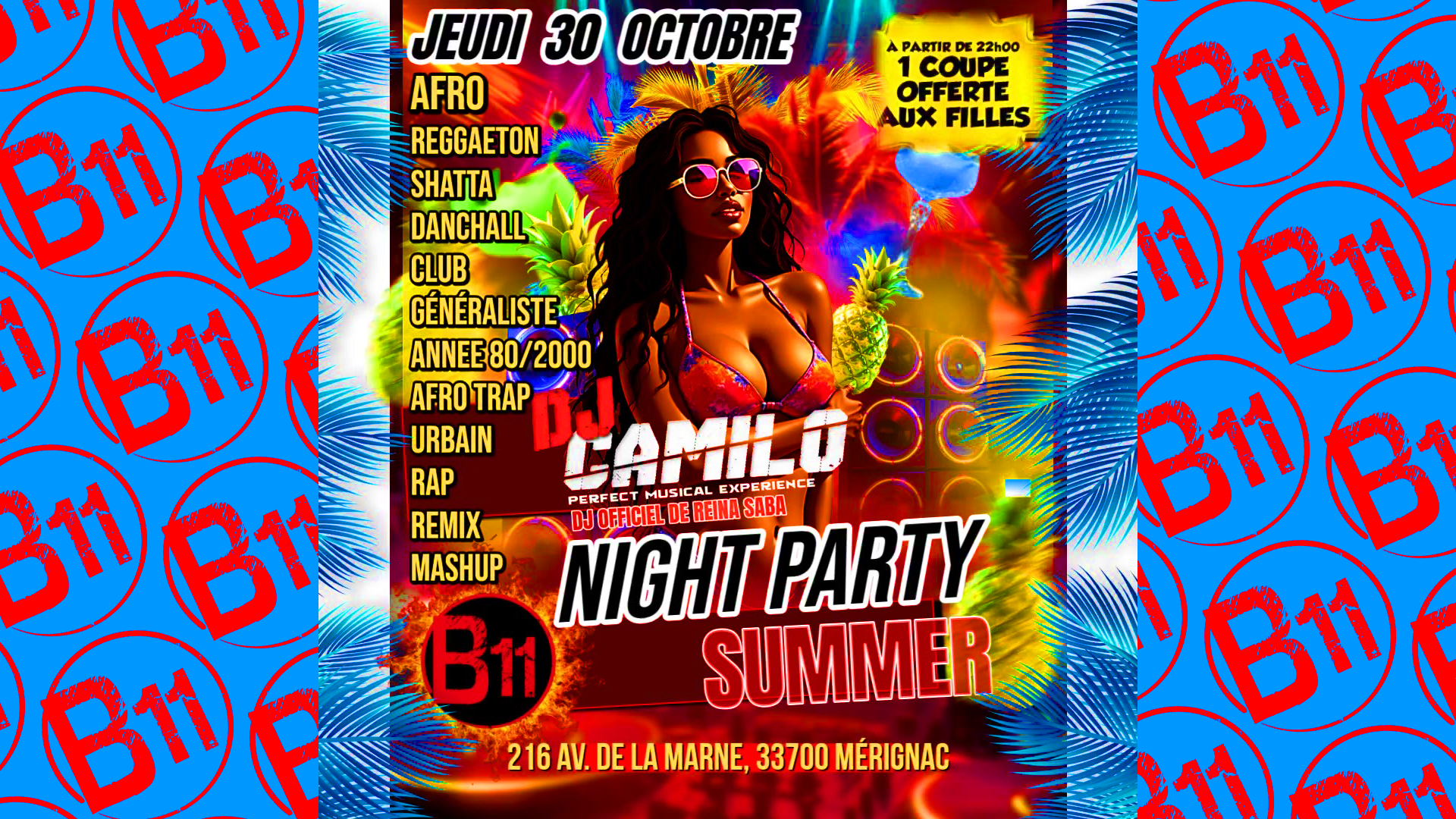 Affiche de soirée à thème au bar Bodega à Mérignac, près de Bordeaux, pour une soirée festive avec ambiance et animations pour de belles rencontres à partager.