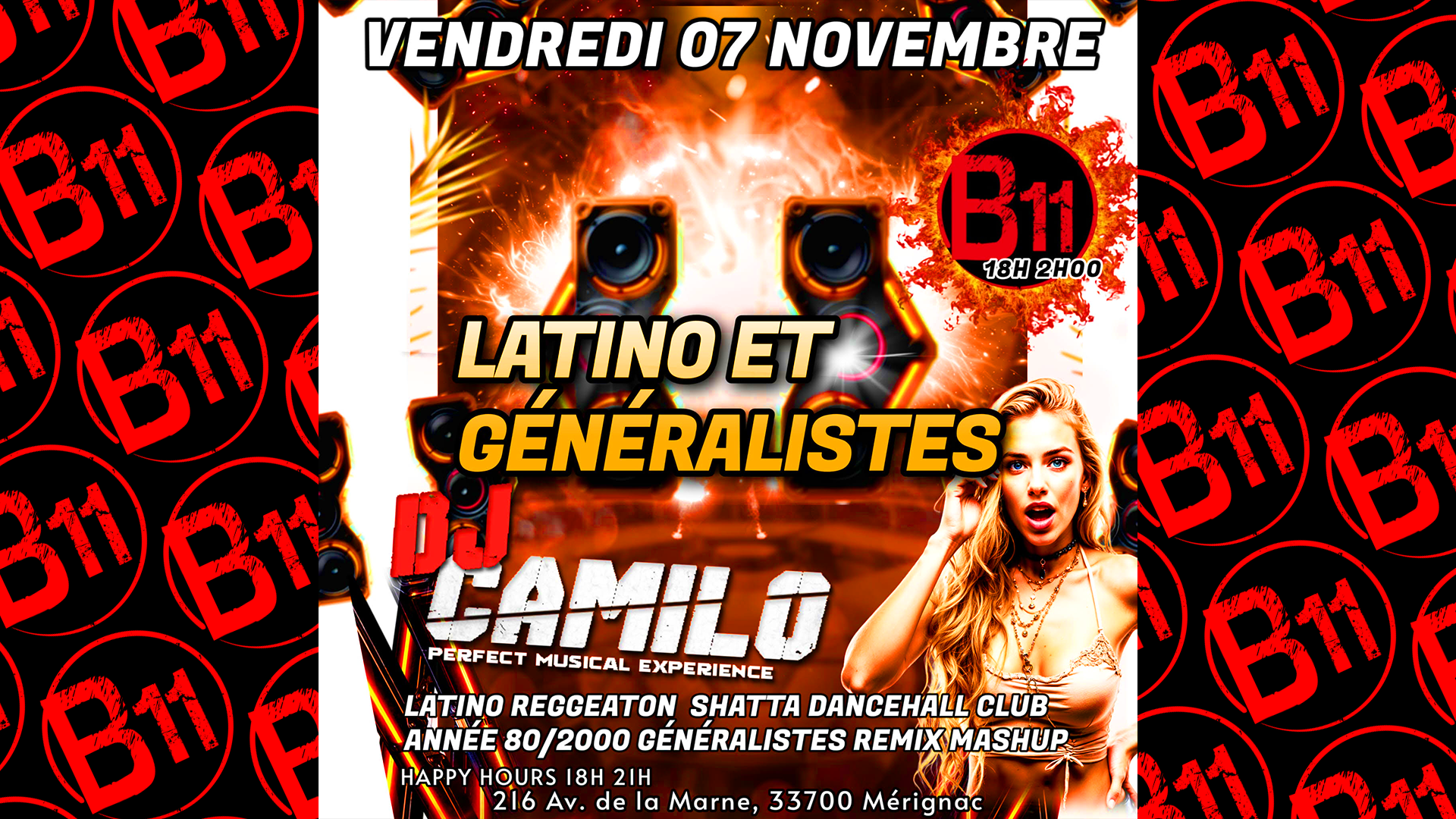 Affiche de soirée à thème au bar Bodega à Mérignac, près de Bordeaux, pour une soirée festive avec ambiance et animations pour de belles rencontres à partager.