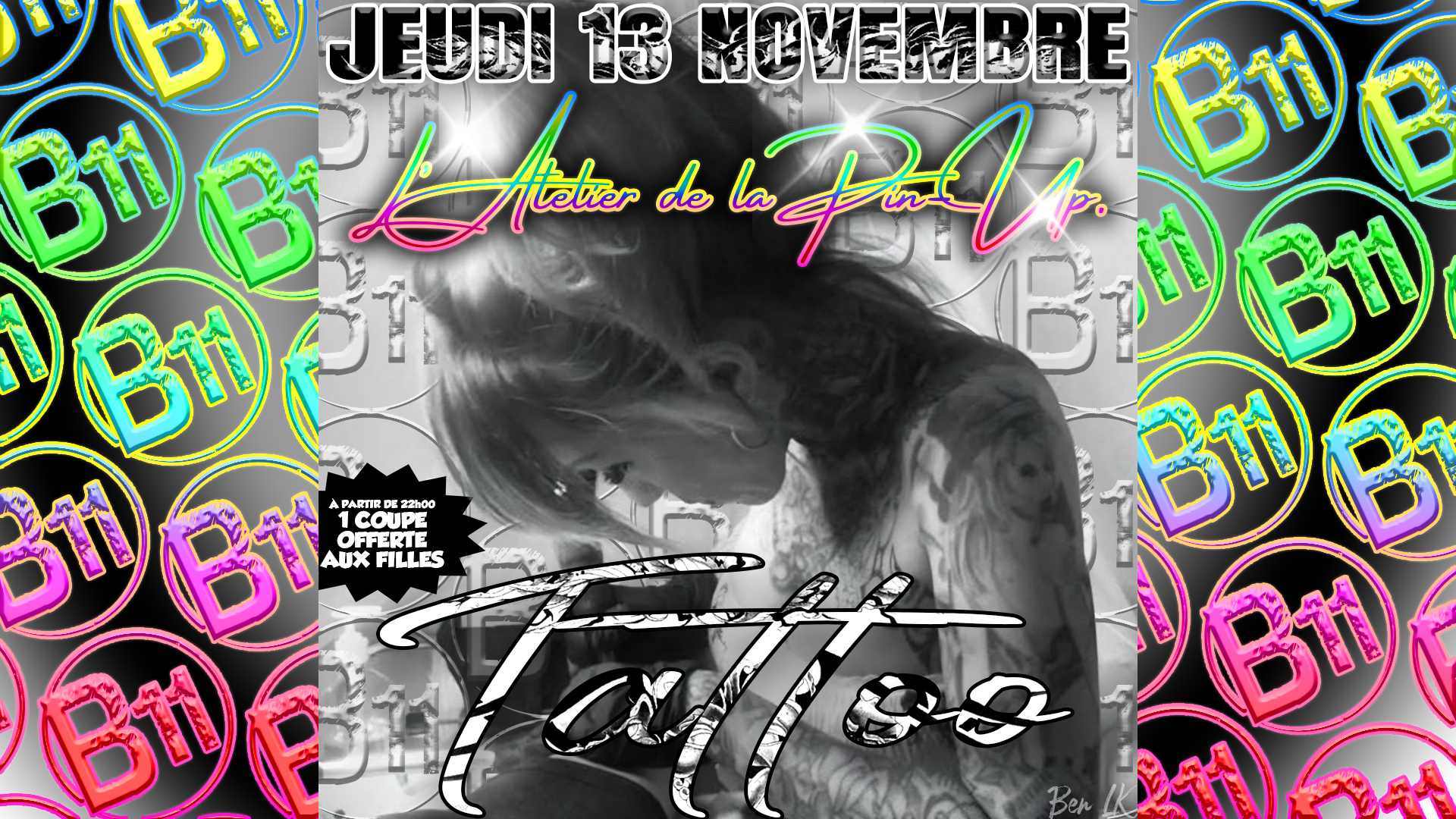 Affiche de soirée tattoo tatouage à bordeaux "atelier de la pin up" au bar Bodega à Mérignac, près de Bordeaux, pour une soirée festive avec ambiance et animations pour de belles rencontres à partager.