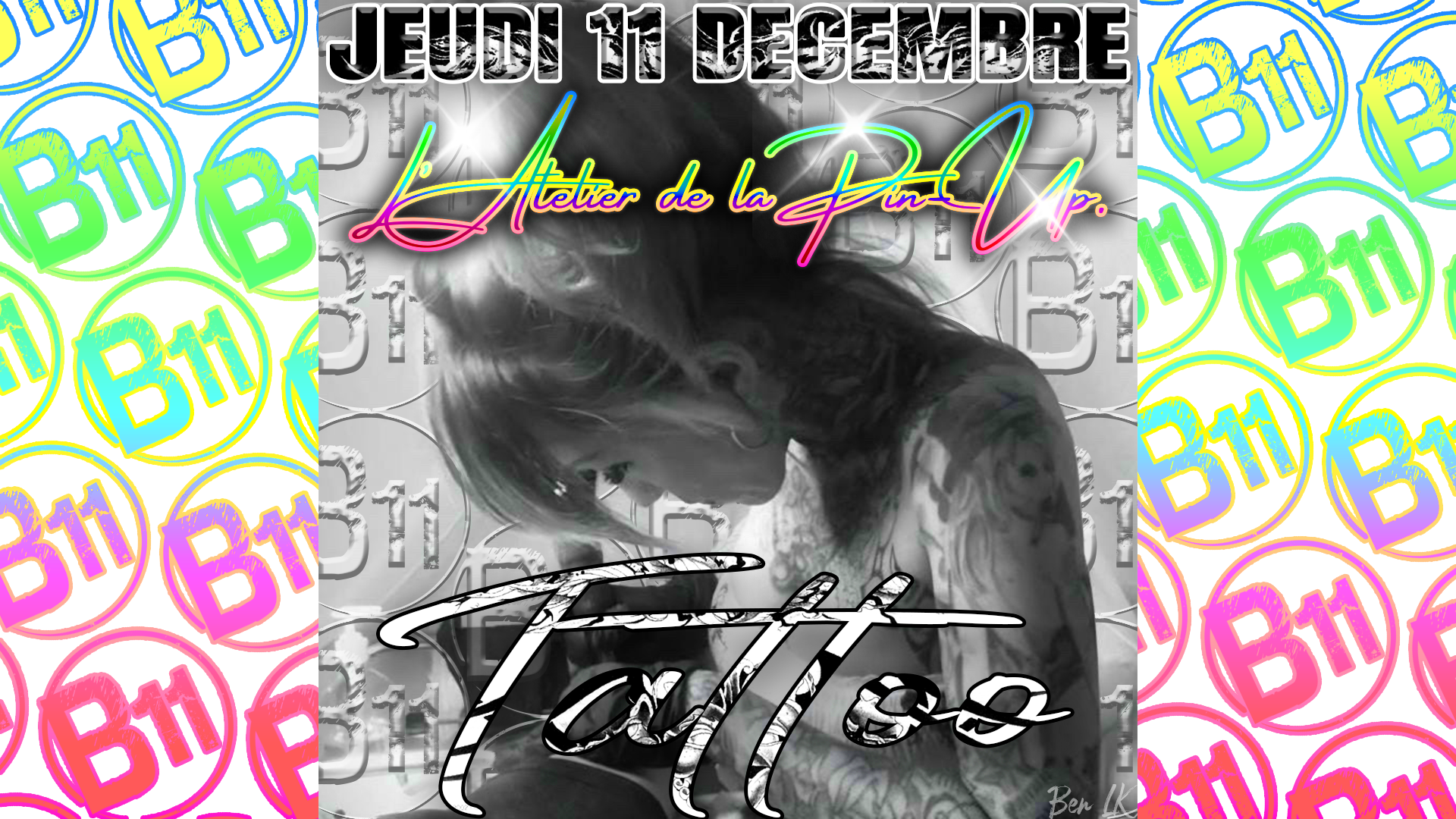 Affiche de soirée du tatouage avec l'ATELIER DE LA PIN UP au bar Bodega à Mérignac, près de Bordeaux, pour une soirée festive avec ambiance et animations pour de belles rencontres à partager.
