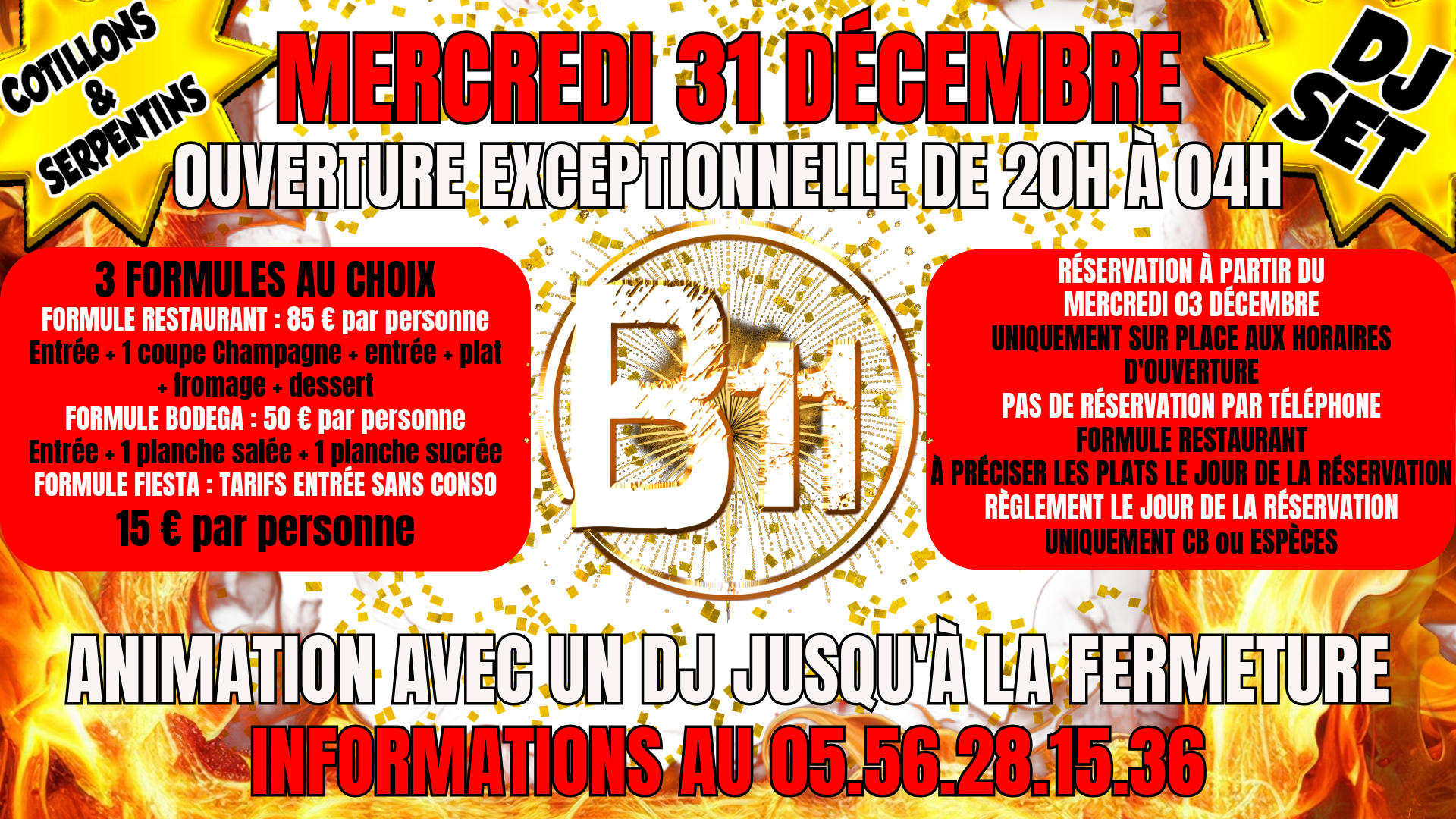 Affiche du RÉVEILLON du NOUVEL AN 2026 à thème au bar Bodega à Mérignac, près de Bordeaux, pour une soirée festive avec ambiance et animations pour de belles rencontres à partager.