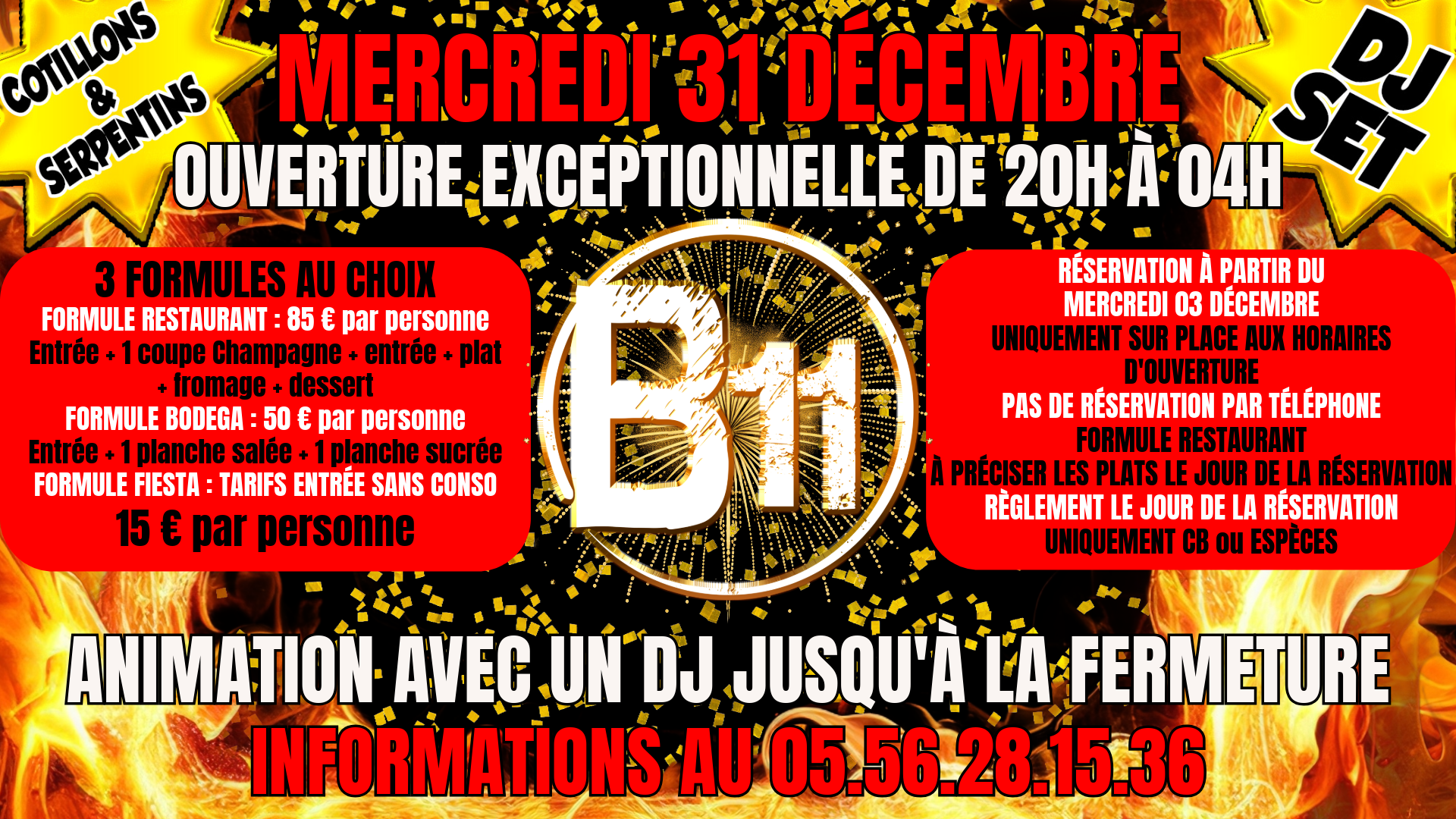 Affiche du RÉVEILLON du NOUVEL AN 2026 à thème au bar Bodega à Mérignac, près de Bordeaux, pour une soirée festive avec ambiance et animations pour de belles rencontres à partager.