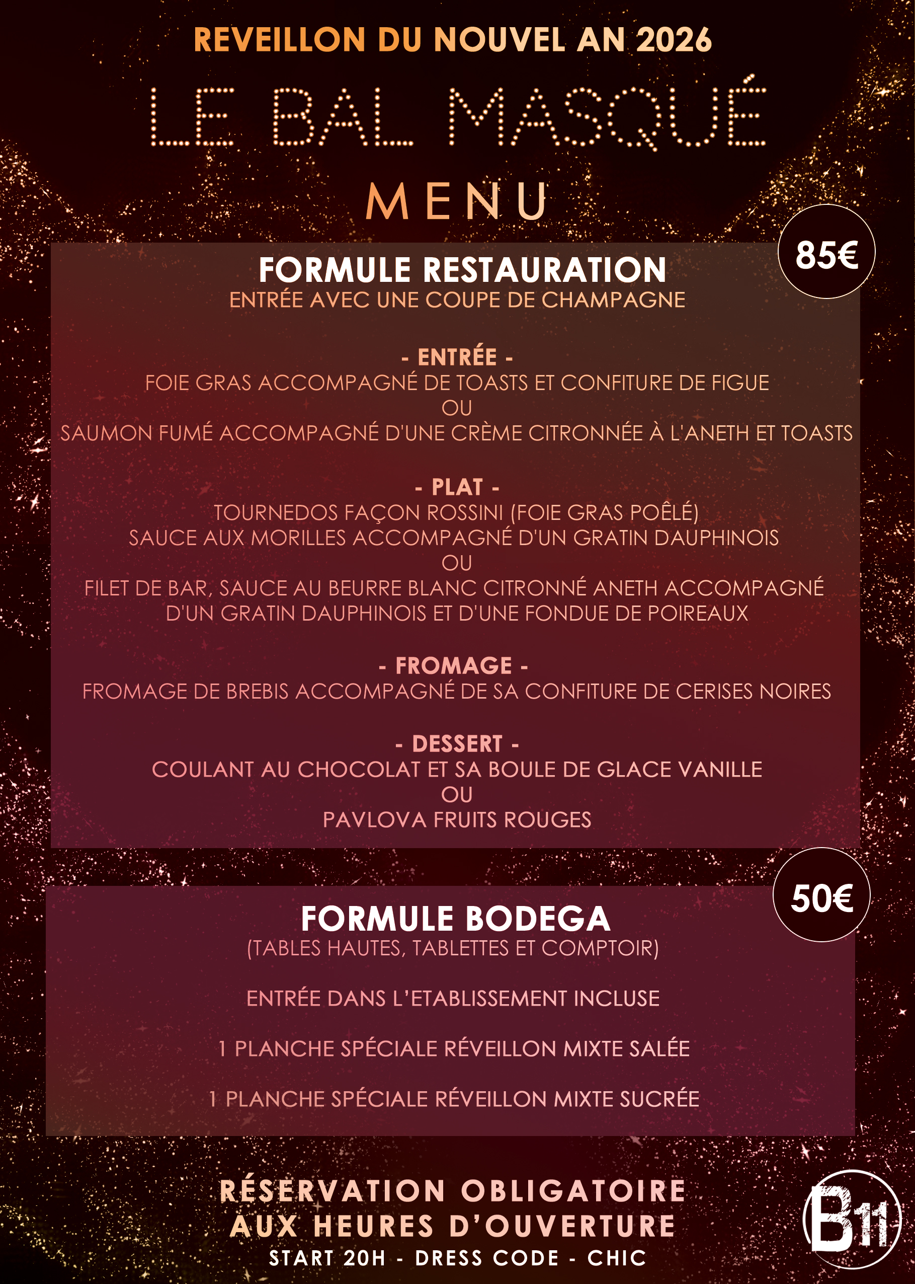 Affiche du RÉVEILLON du NOUVEL AN 2026 à thème au bar Bodega à Mérignac, près de Bordeaux, pour une soirée festive avec ambiance et animations pour de belles rencontres à partager.