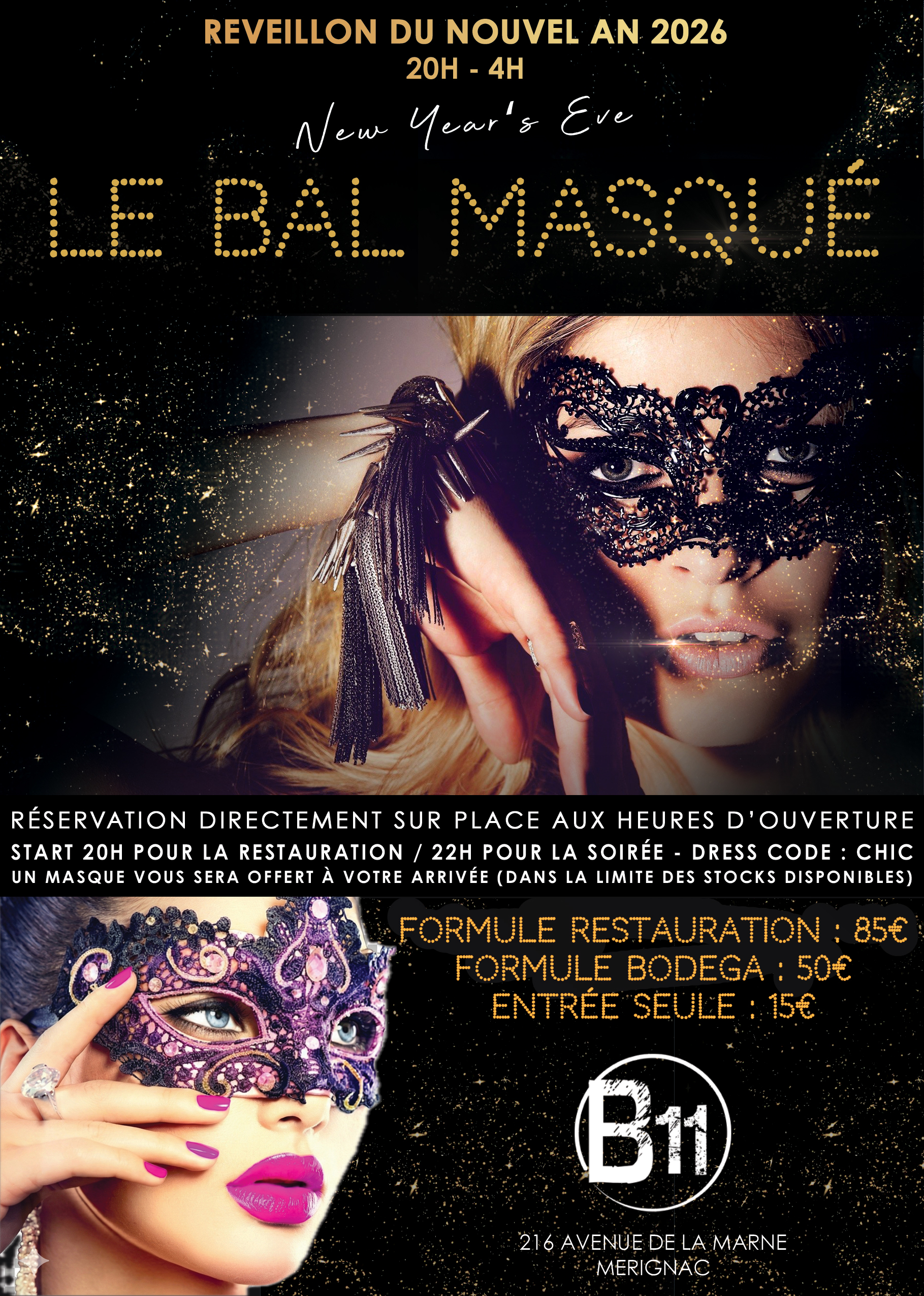 Affiche du RÉVEILLON du NOUVEL AN 2026 à thème au bar Bodega à Mérignac, près de Bordeaux, pour une soirée festive avec ambiance et animations pour de belles rencontres à partager.