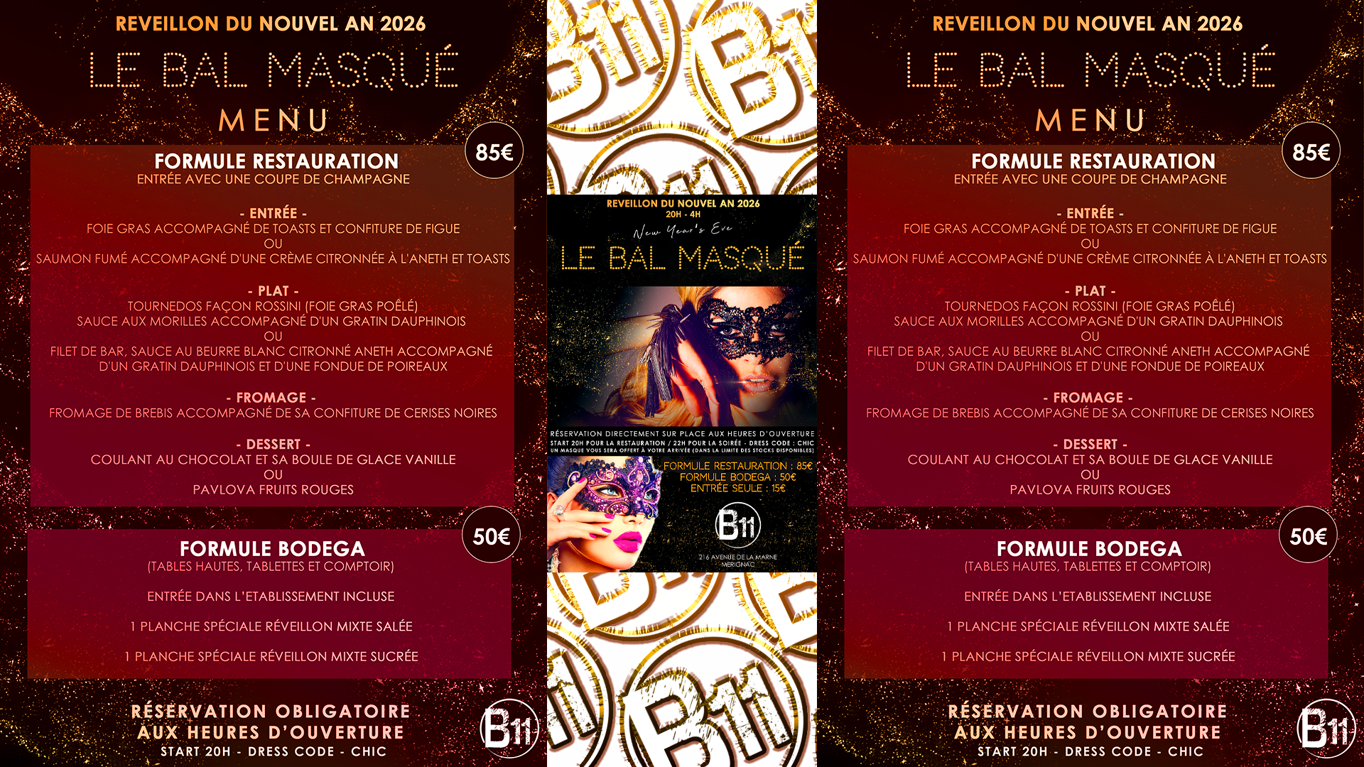 Affiche du RÉVEILLON du NOUVEL AN 2026 à thème au bar Bodega à Mérignac, près de Bordeaux, pour une soirée festive avec ambiance et animations pour de belles rencontres à partager.