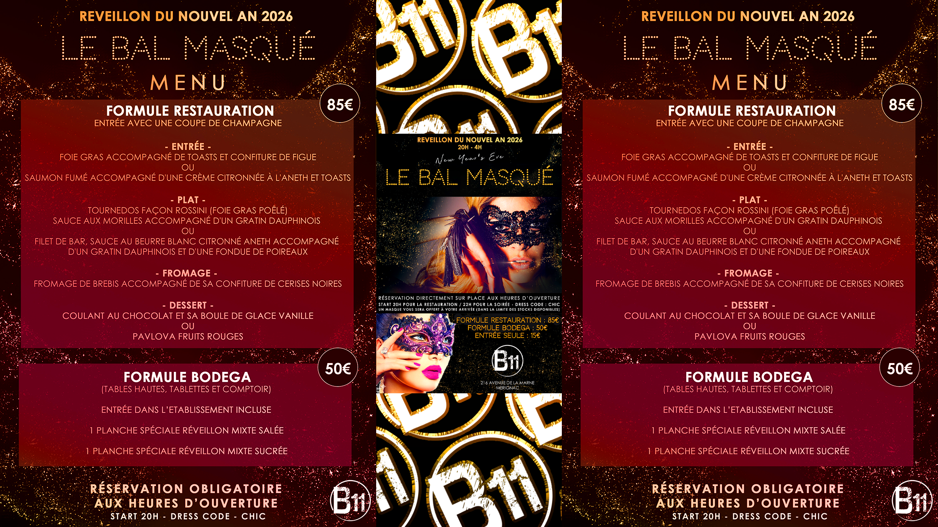 Affiche du RÉVEILLON du NOUVEL AN 2026 à thème au bar Bodega à Mérignac, près de Bordeaux, pour une soirée festive avec ambiance et animations pour de belles rencontres à partager.