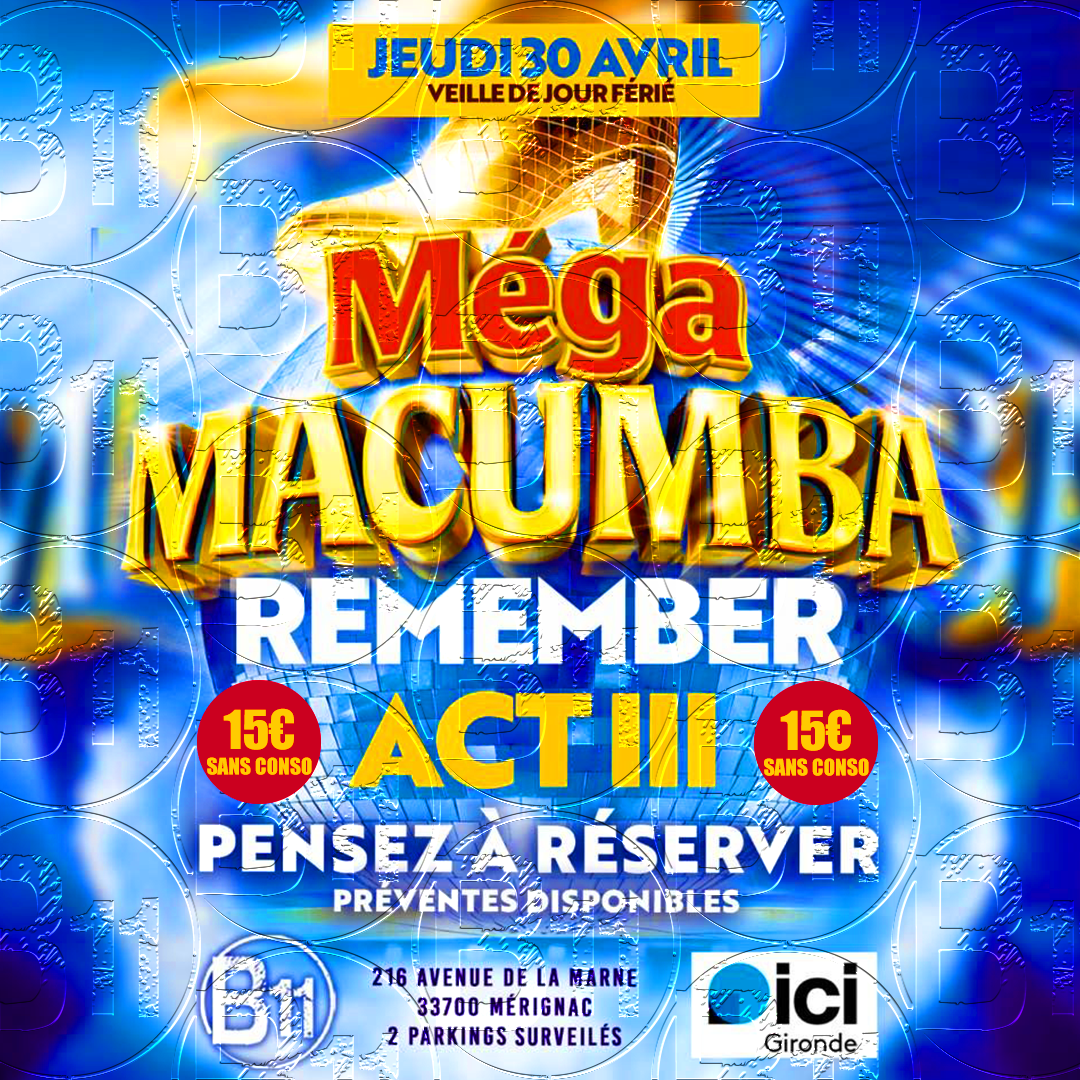 Affiche de soirée MÉGA MACUMBA au bar Bodega à Mérignac, près de restaurant à Bordeaux, pour une soirée festive avec ambiance et animations pour de belles rencontres à partager.